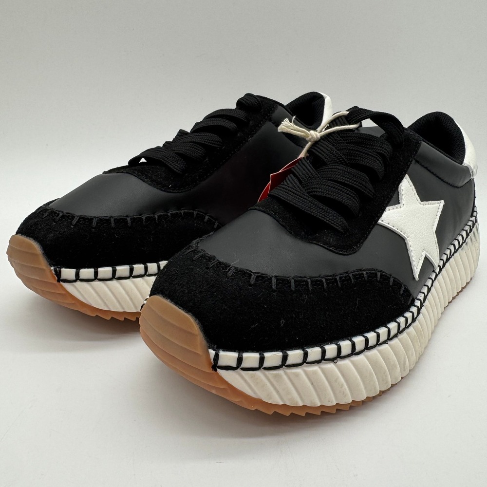 Lucky Step Platform Sneakers Womens 8.5 Black White Star Whipstitch Chunky Sole